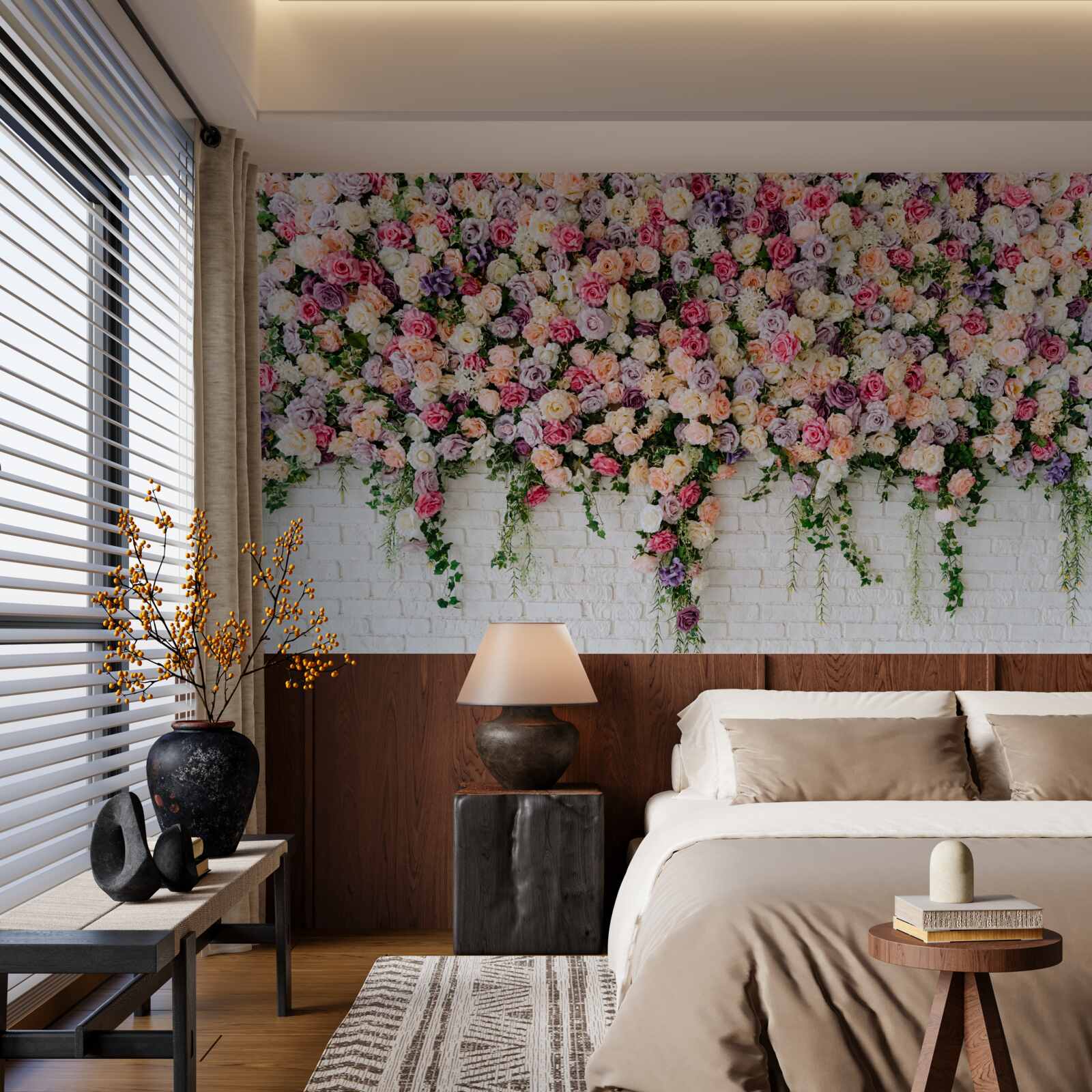 Fototapeta Tehlová stena zdobená kvetmi ružových kríkov