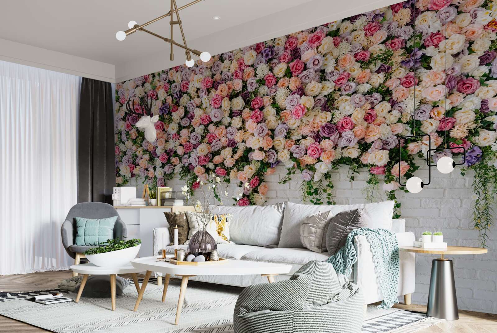 Fototapeta Tehlová stena zdobená kvetmi ružových kríkov