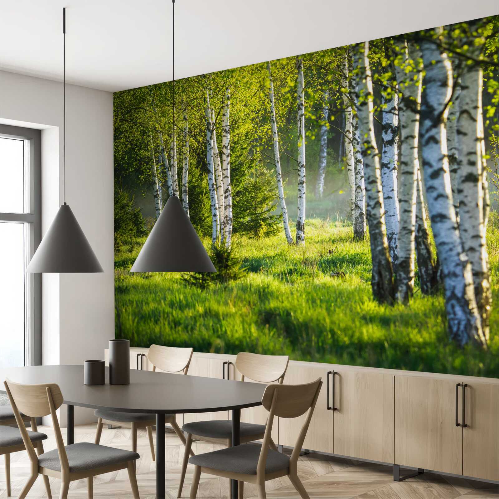 Fototapeta Lúky zdobené majestátnymi brezami sú natreté jasnou zelenou farbou