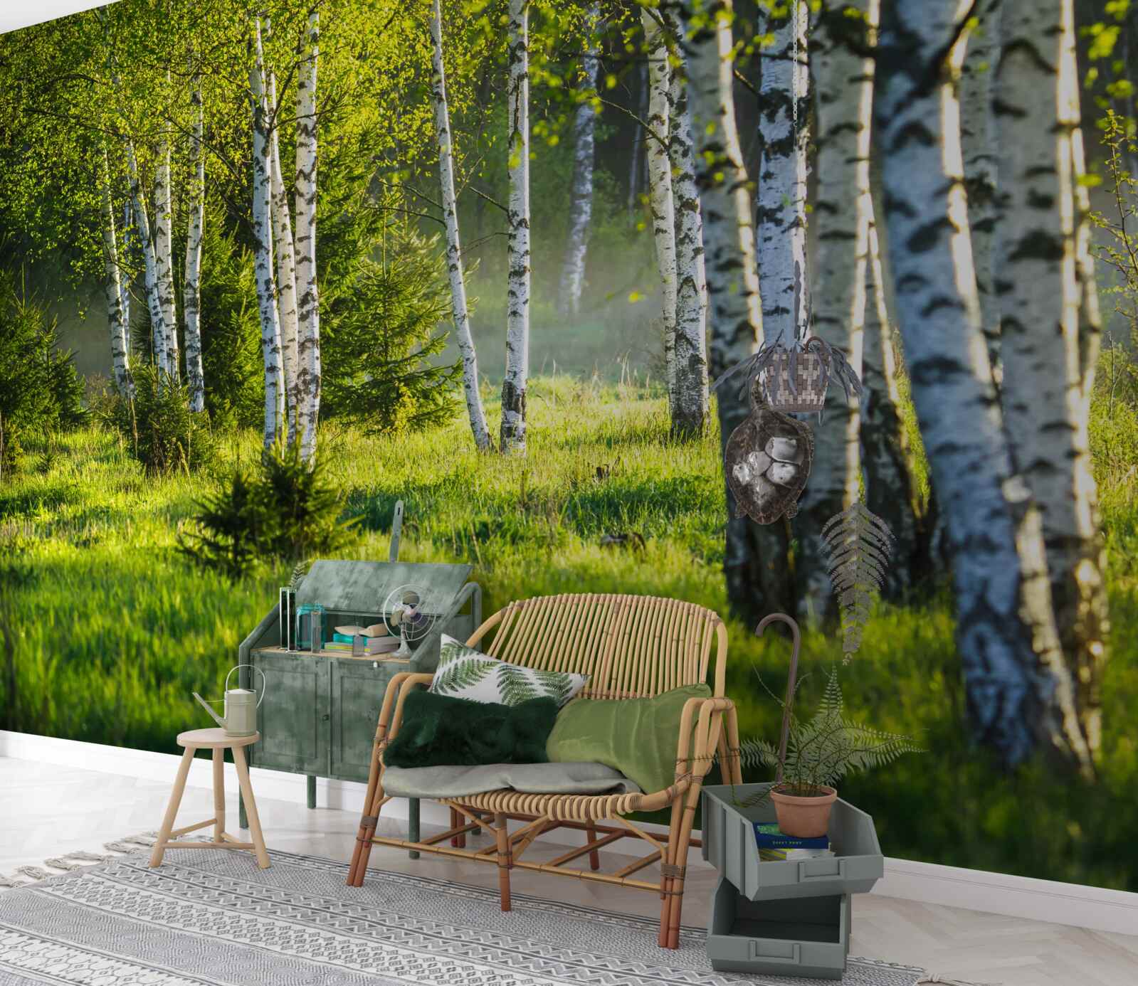 Fototapeta Lúky zdobené majestátnymi brezami sú natreté jasnou zelenou farbou