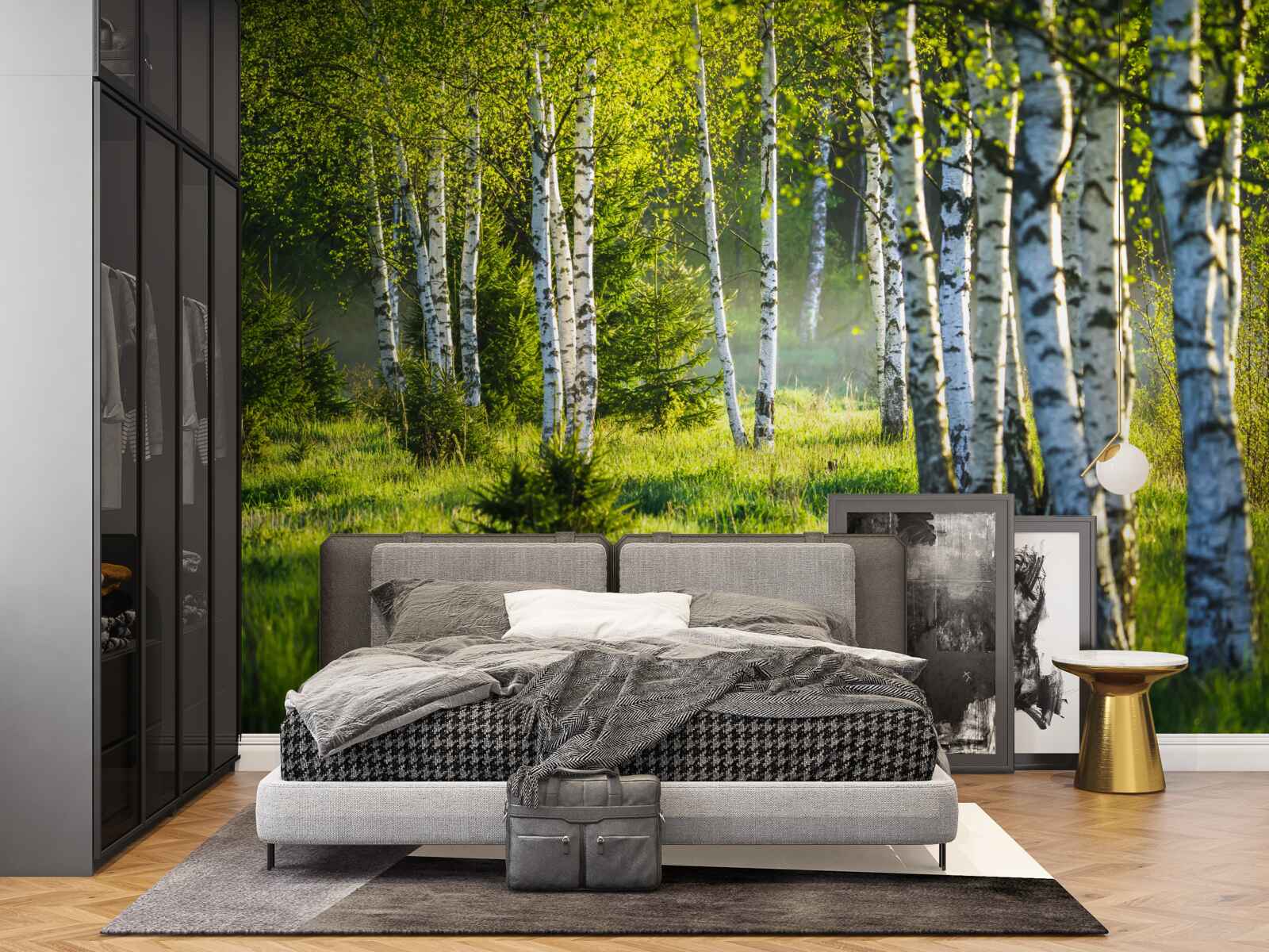 Fototapeta Lúky zdobené majestátnymi brezami sú natreté jasnou zelenou farbou