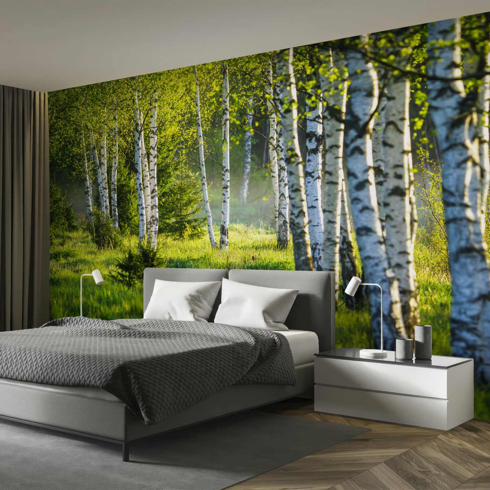 Fototapeta Lúky zdobené majestátnymi brezami sú natreté jasnou zelenou farbou