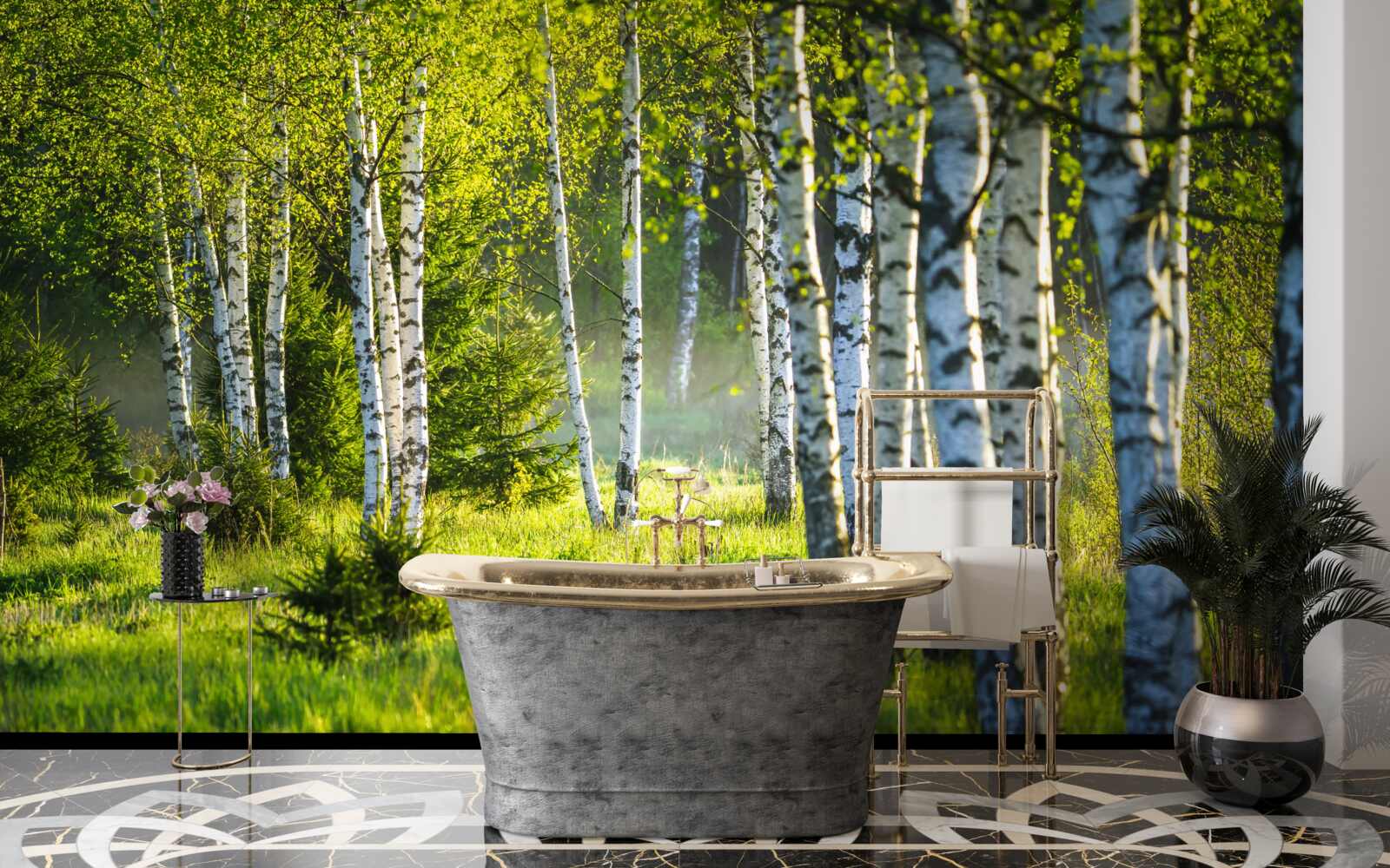 Fototapeta Lúky zdobené majestátnymi brezami sú natreté jasnou zelenou farbou