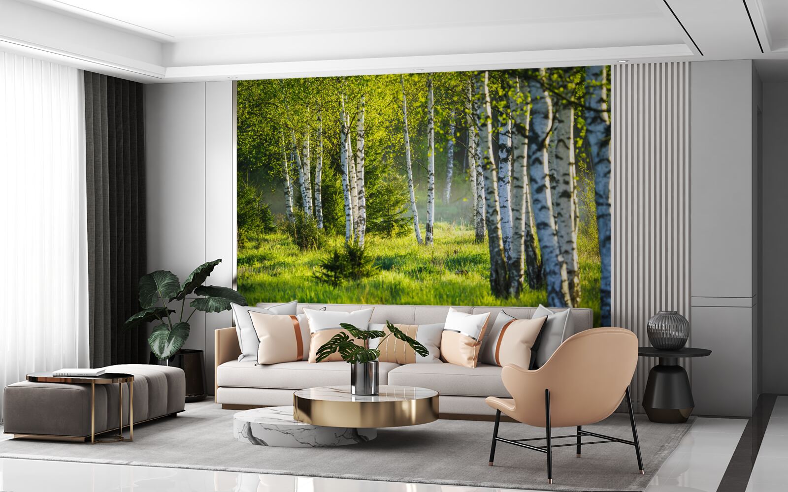 Fototapeta Lúky zdobené majestátnymi brezami sú natreté jasnou zelenou farbou