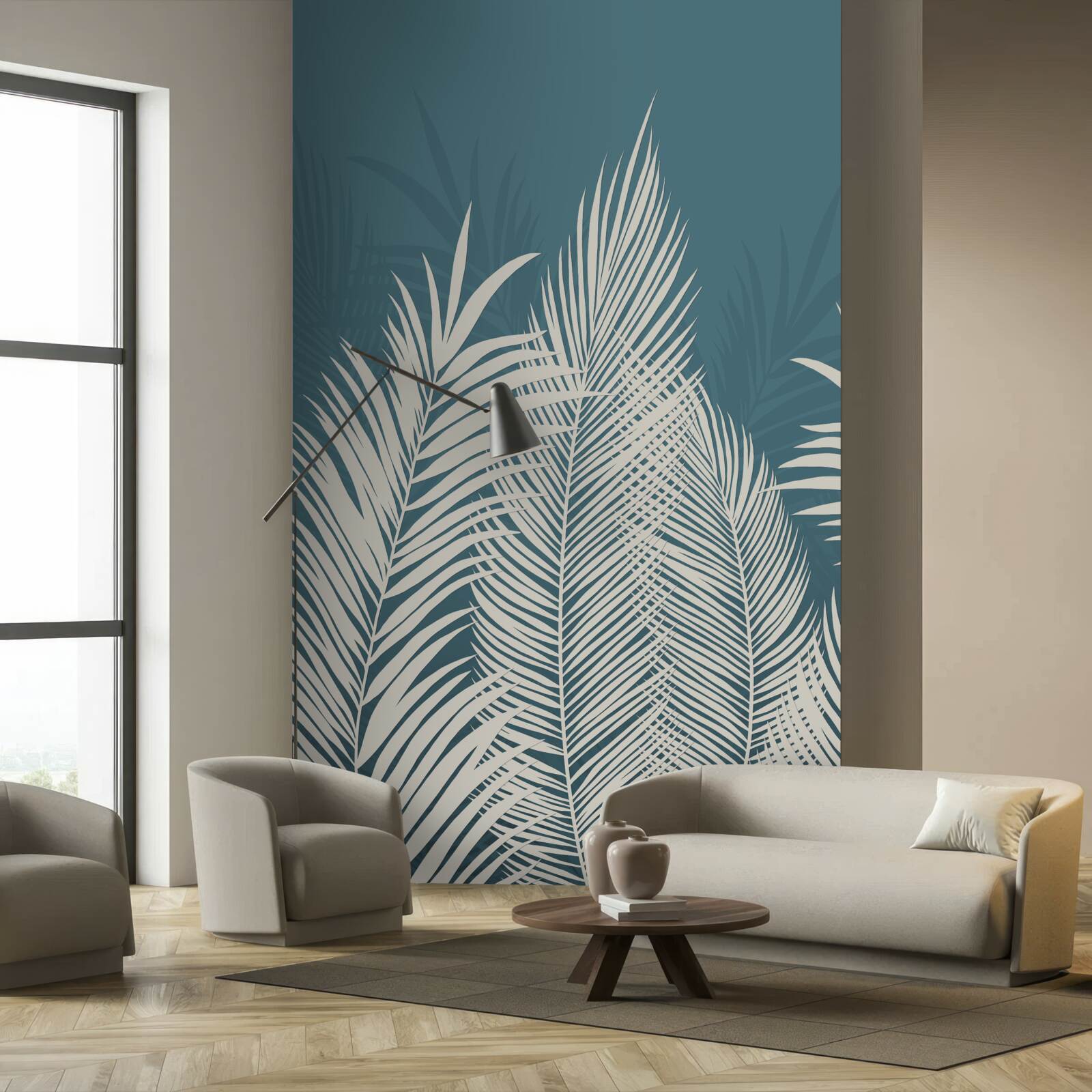 Fototapeta na modrom podklade sú biele páperové prikrývky