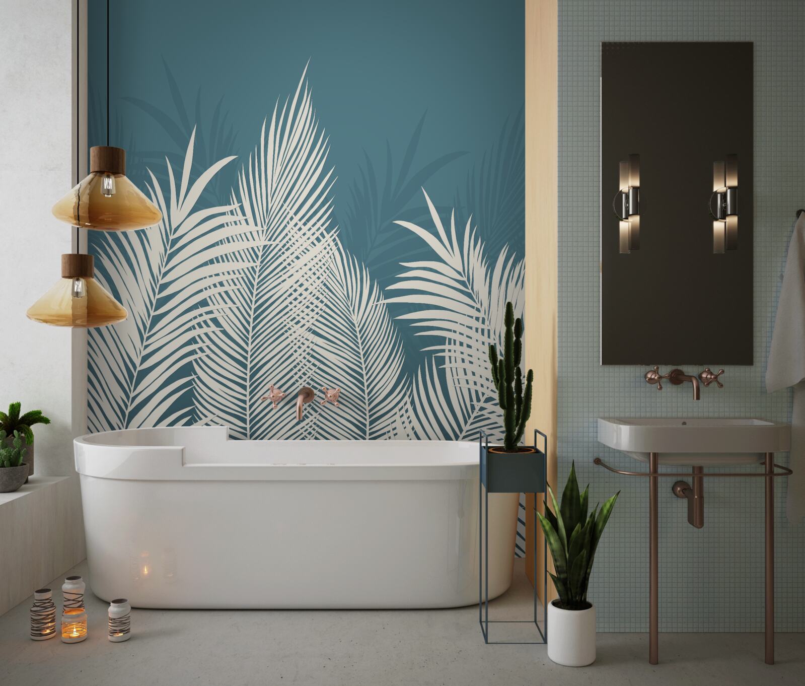 Fototapeta na modrom podklade sú biele páperové prikrývky