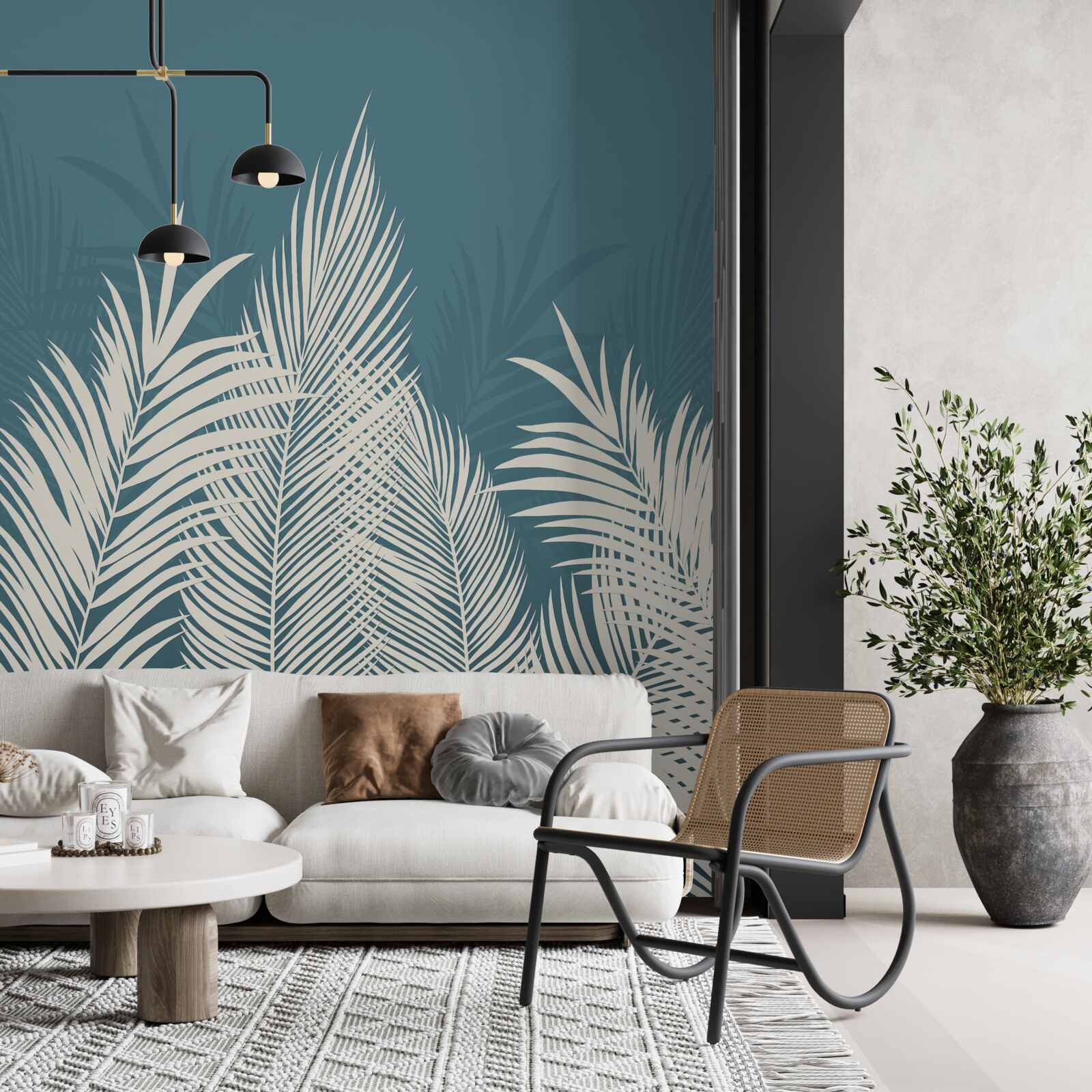 Fototapeta na modrom podklade sú biele páperové prikrývky