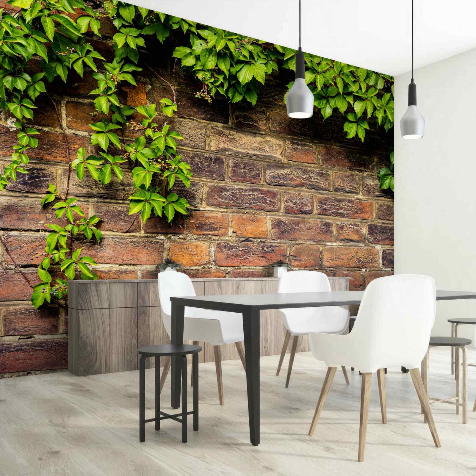 Fototapeta Tehlová stena obklopená zelenými rastlinami