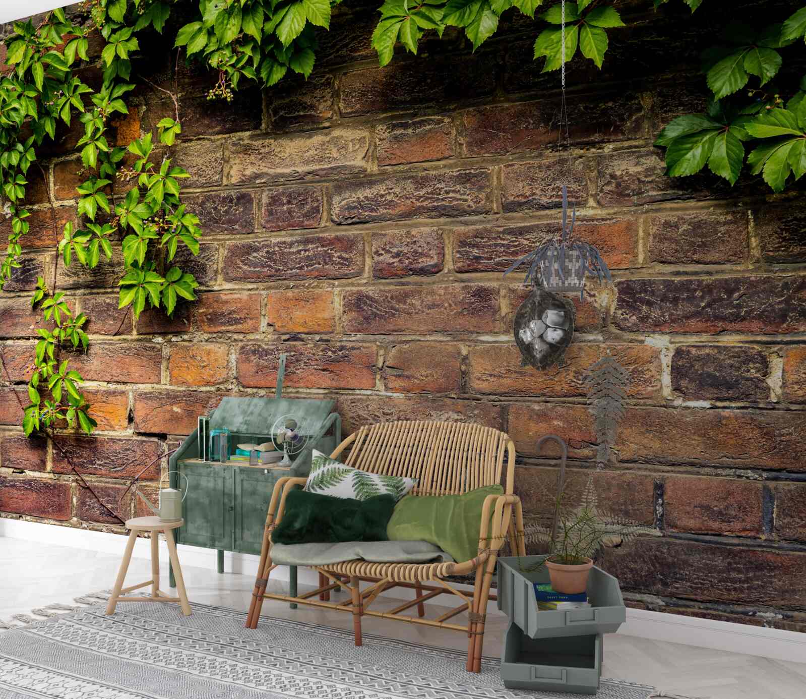 Fototapeta Tehlová stena obklopená zelenými rastlinami