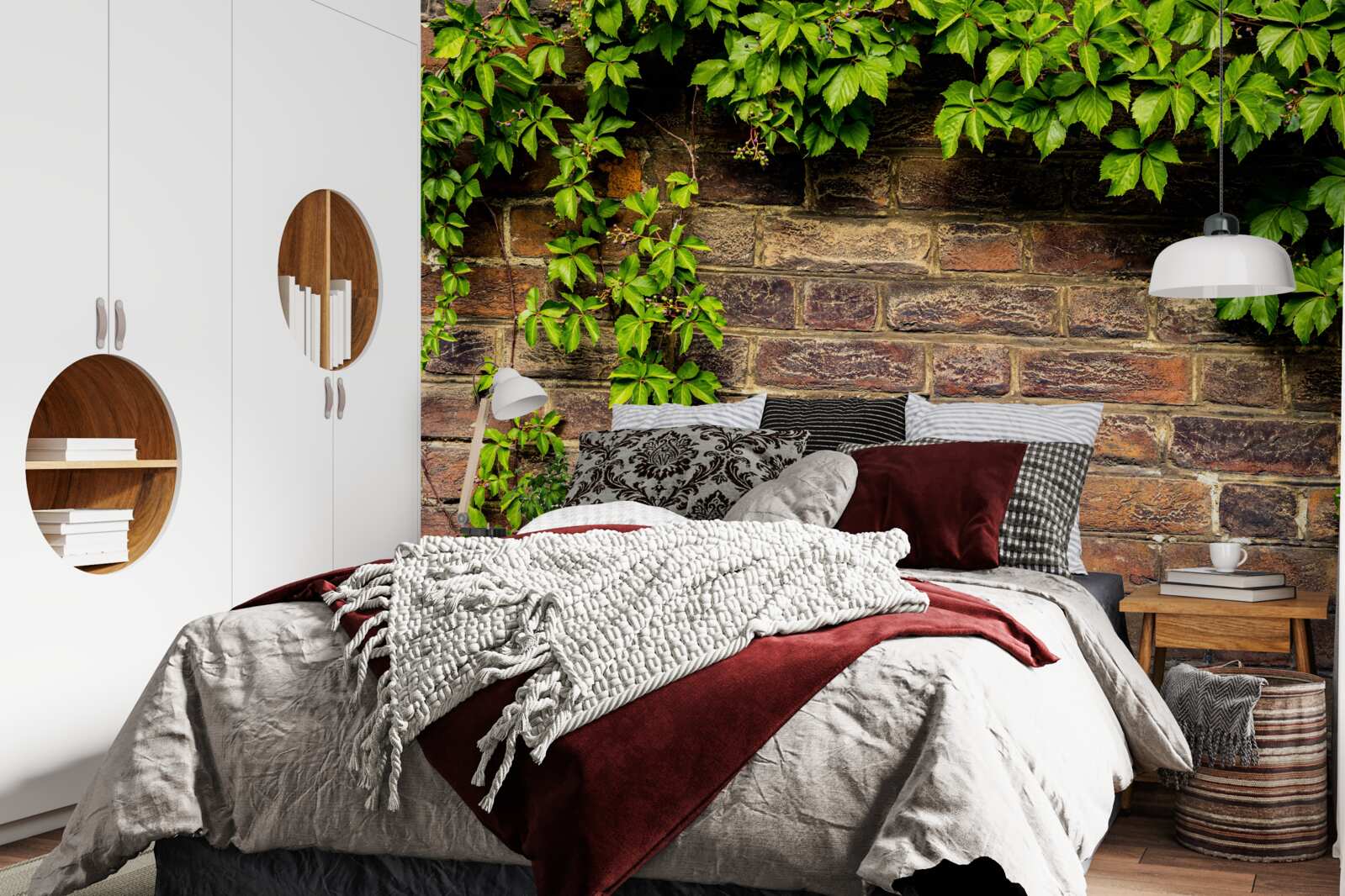 Fototapeta Tehlová stena obklopená zelenými rastlinami