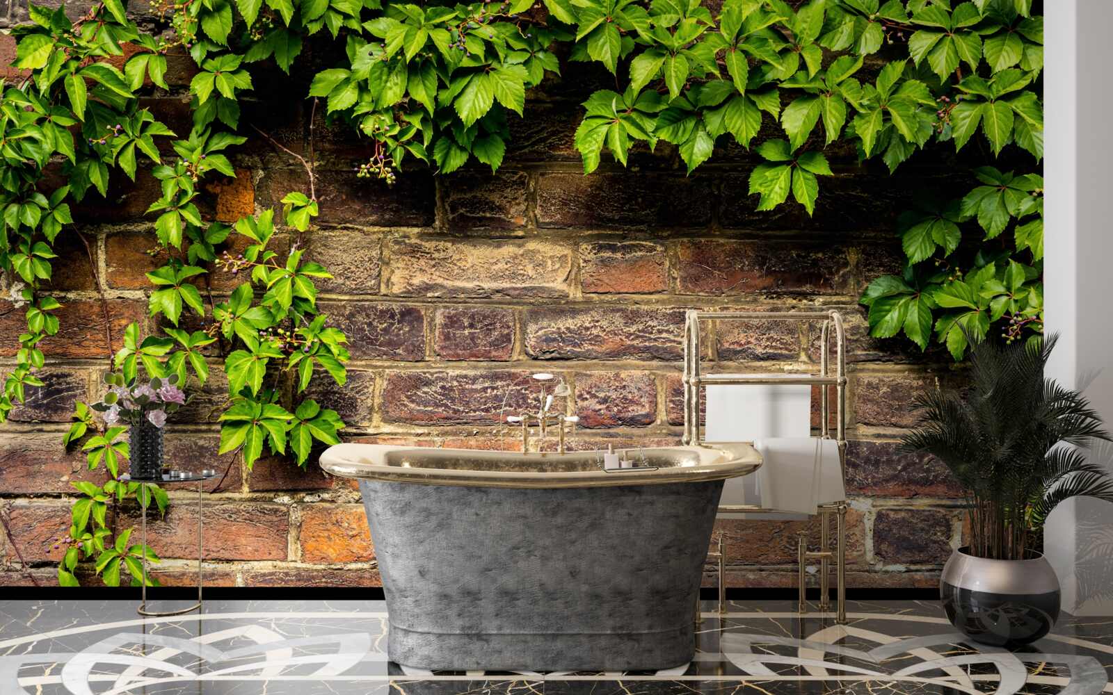 Fototapeta Tehlová stena obklopená zelenými rastlinami