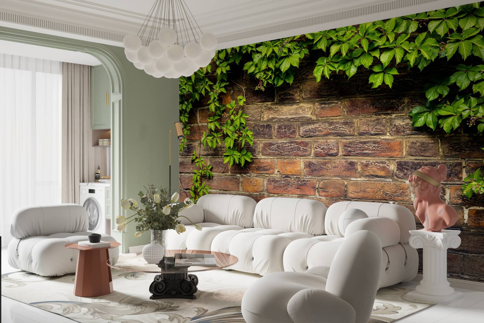 Fototapeta Tehlová stena obklopená zelenými rastlinami