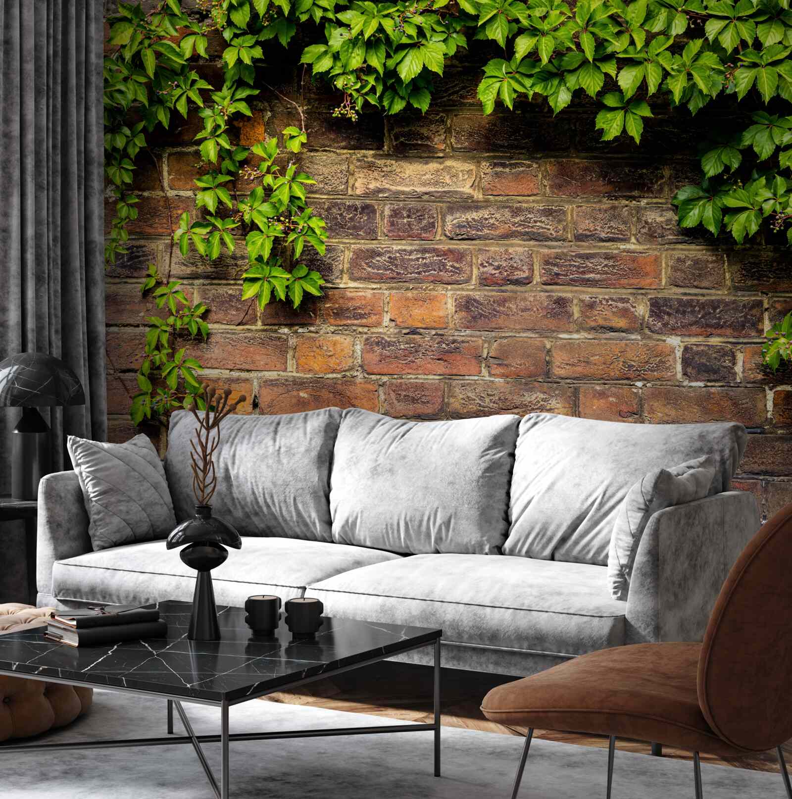 Fototapeta Tehlová stena obklopená zelenými rastlinami