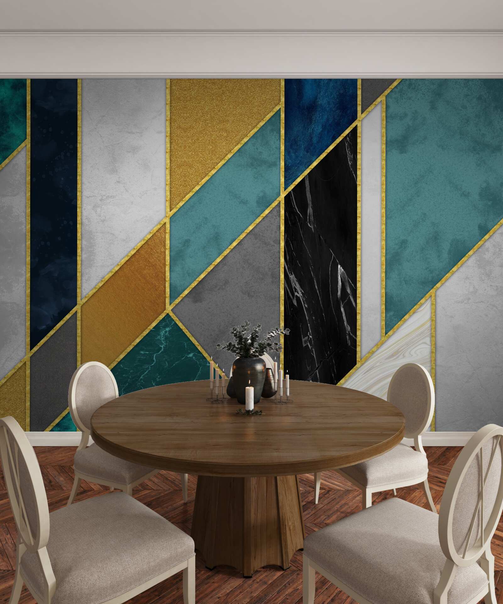 Fototapeta mramor v rôznych farbách, dotvorený zlatými okrajmi figúrok