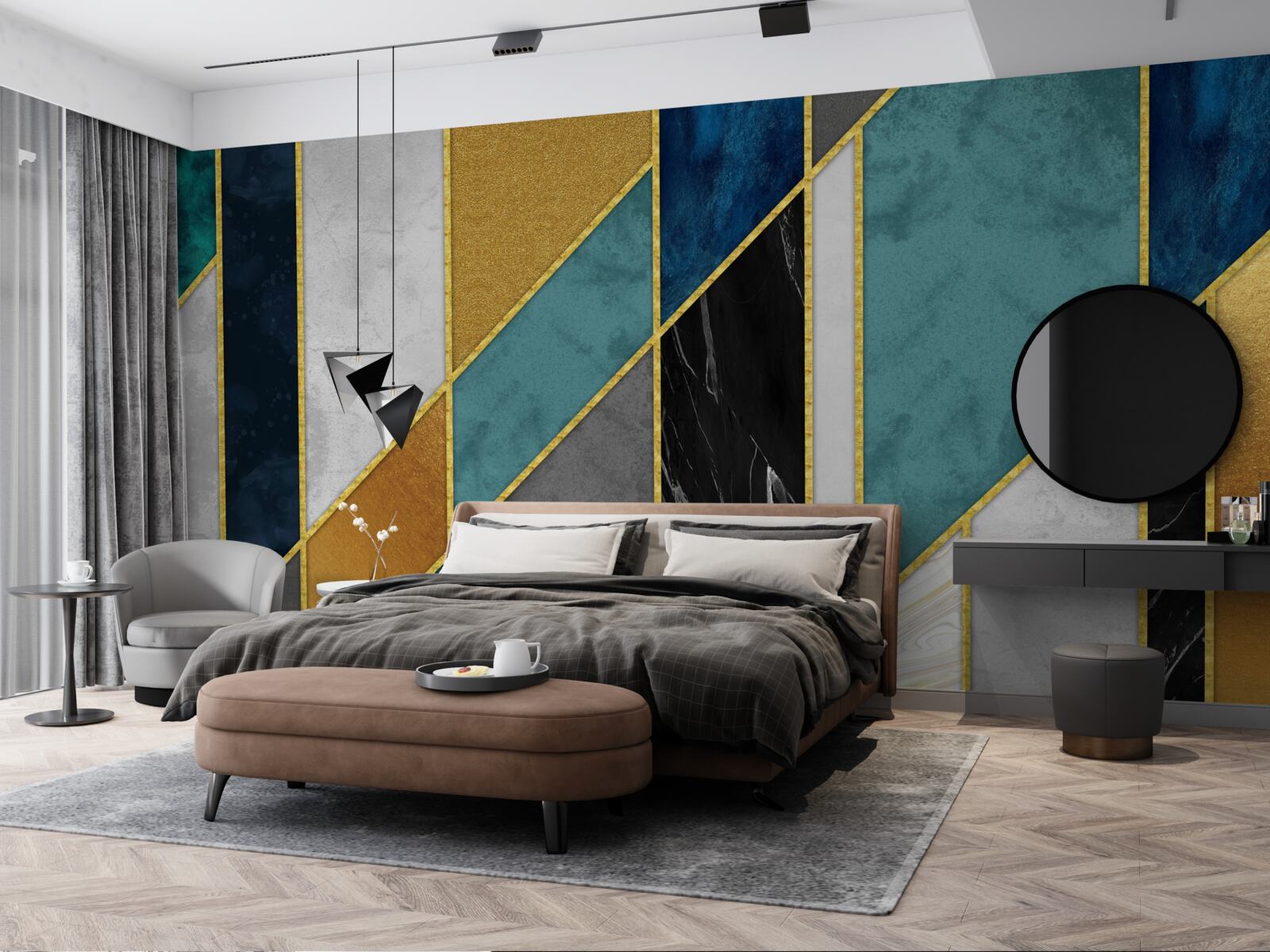 Fototapeta mramor v rôznych farbách, dotvorený zlatými okrajmi figúrok