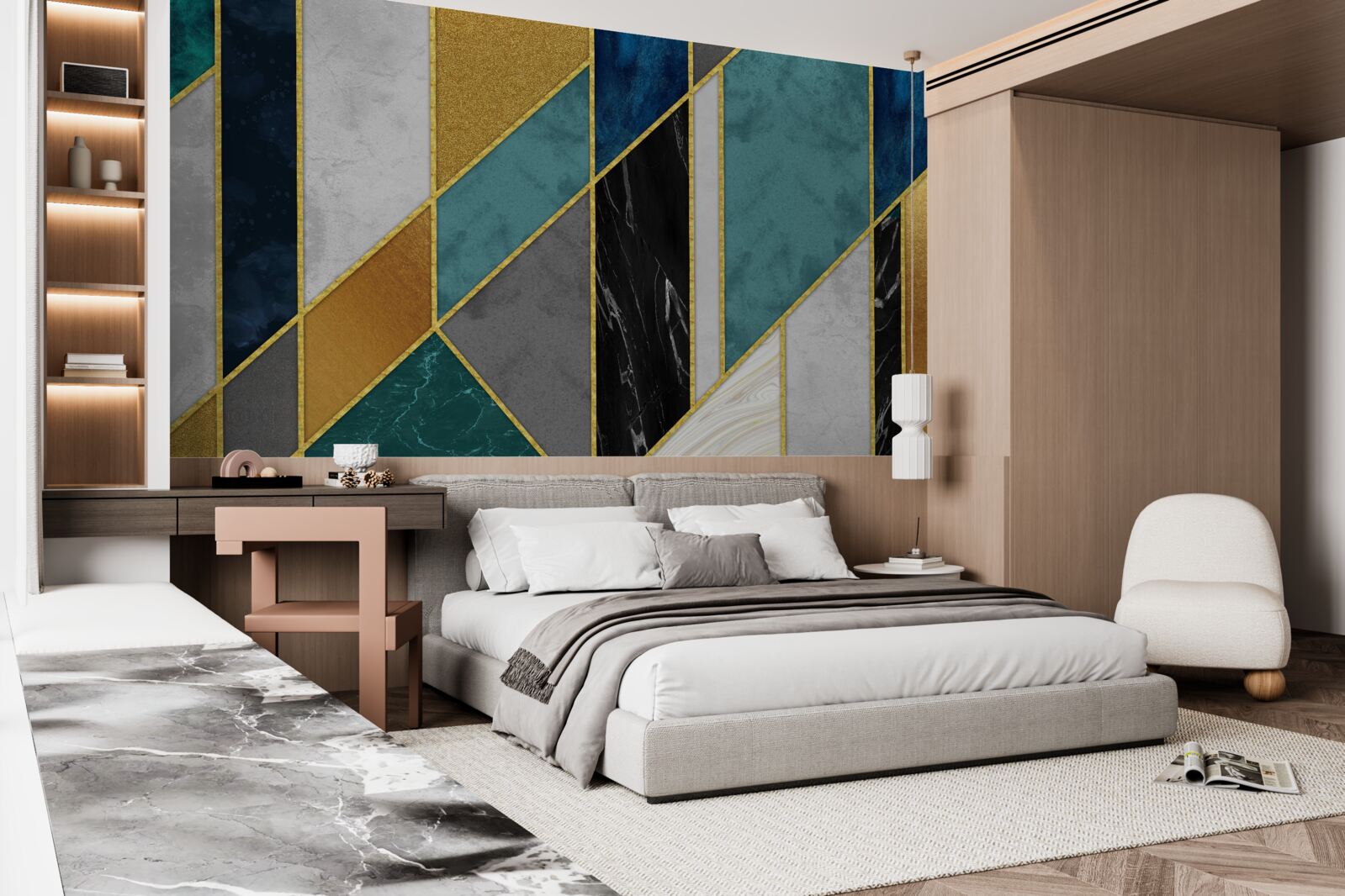 Fototapeta mramor v rôznych farbách, dotvorený zlatými okrajmi figúrok