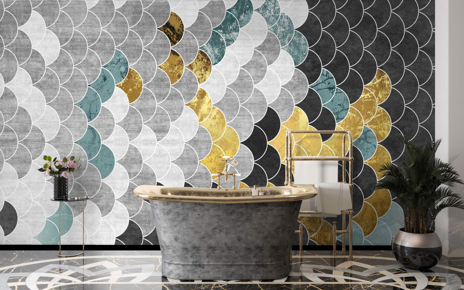 Fototapeta geometrické tvary v čiernej a bielej farbe so zlatými prvkami