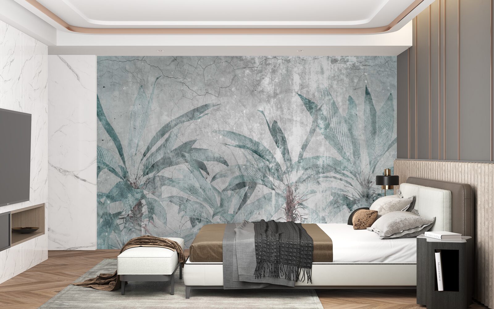 Fototapeta palmy obklopené zeleňou pod kvapkami dažďa