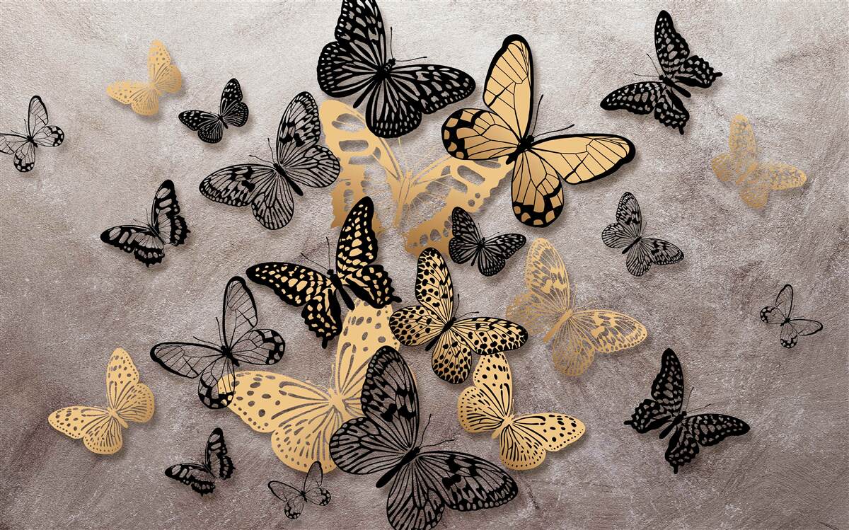 Fototapeta zlaté a čierne motýle stúpajú do vzduchu