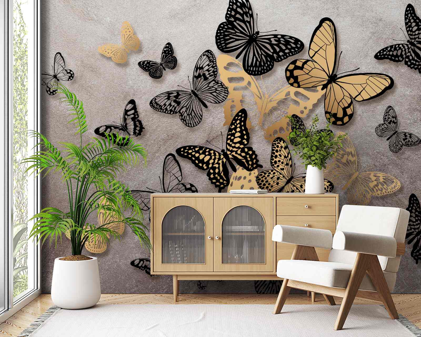 Fototapeta zlaté a čierne motýle stúpajú do vzduchu