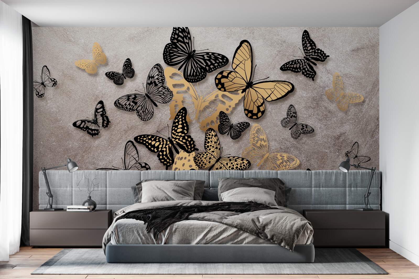 Fototapeta zlaté a čierne motýle stúpajú do vzduchu