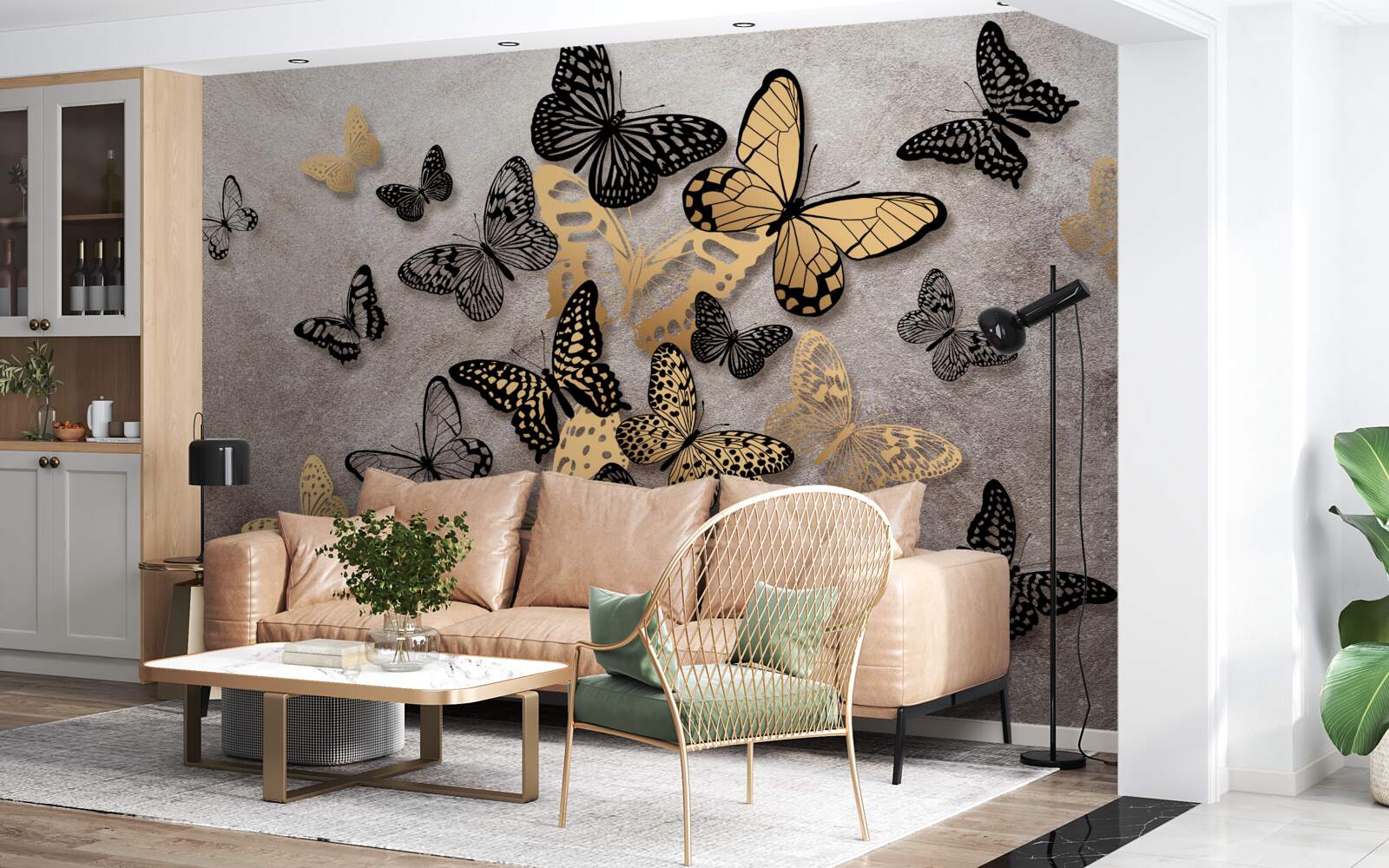 Fototapeta zlaté a čierne motýle stúpajú do vzduchu