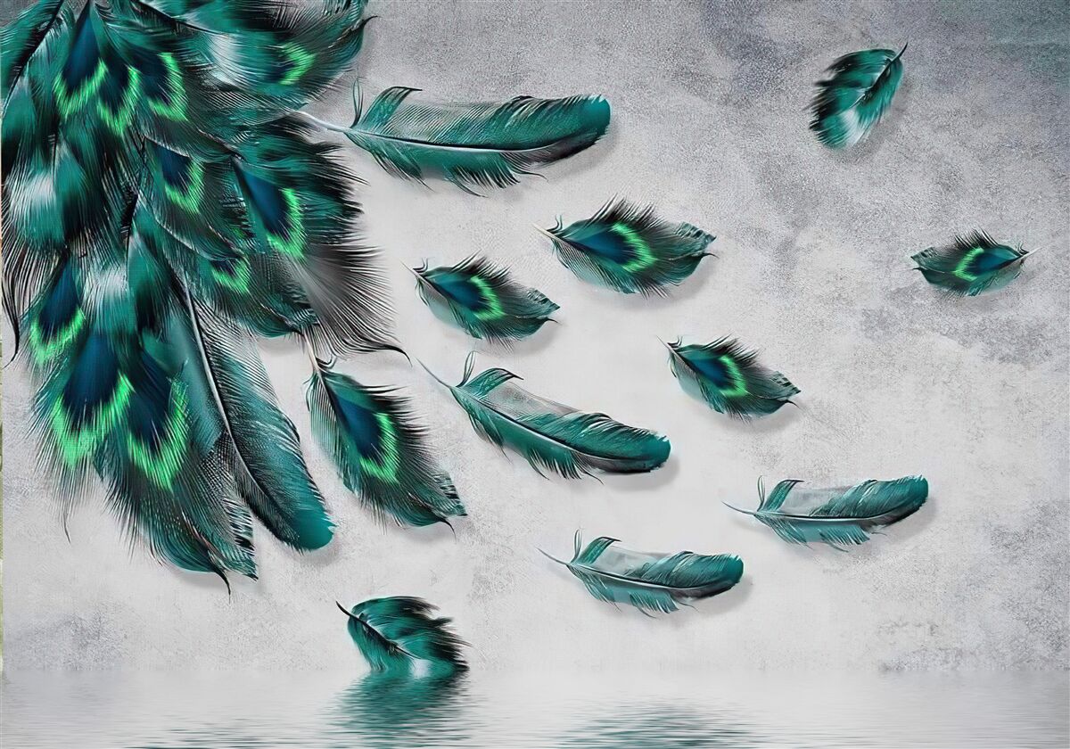 Fototapeta voda je pokrytá padajúcim smaragdovým pávím perím