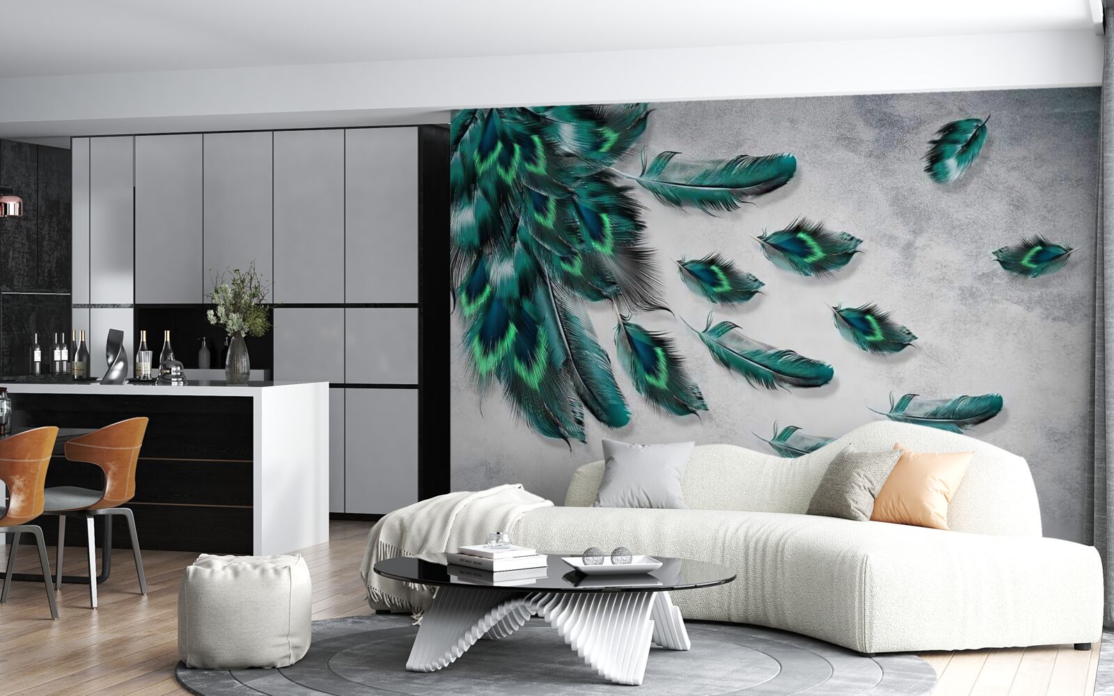 Fototapeta voda je pokrytá padajúcim smaragdovým pávím perím