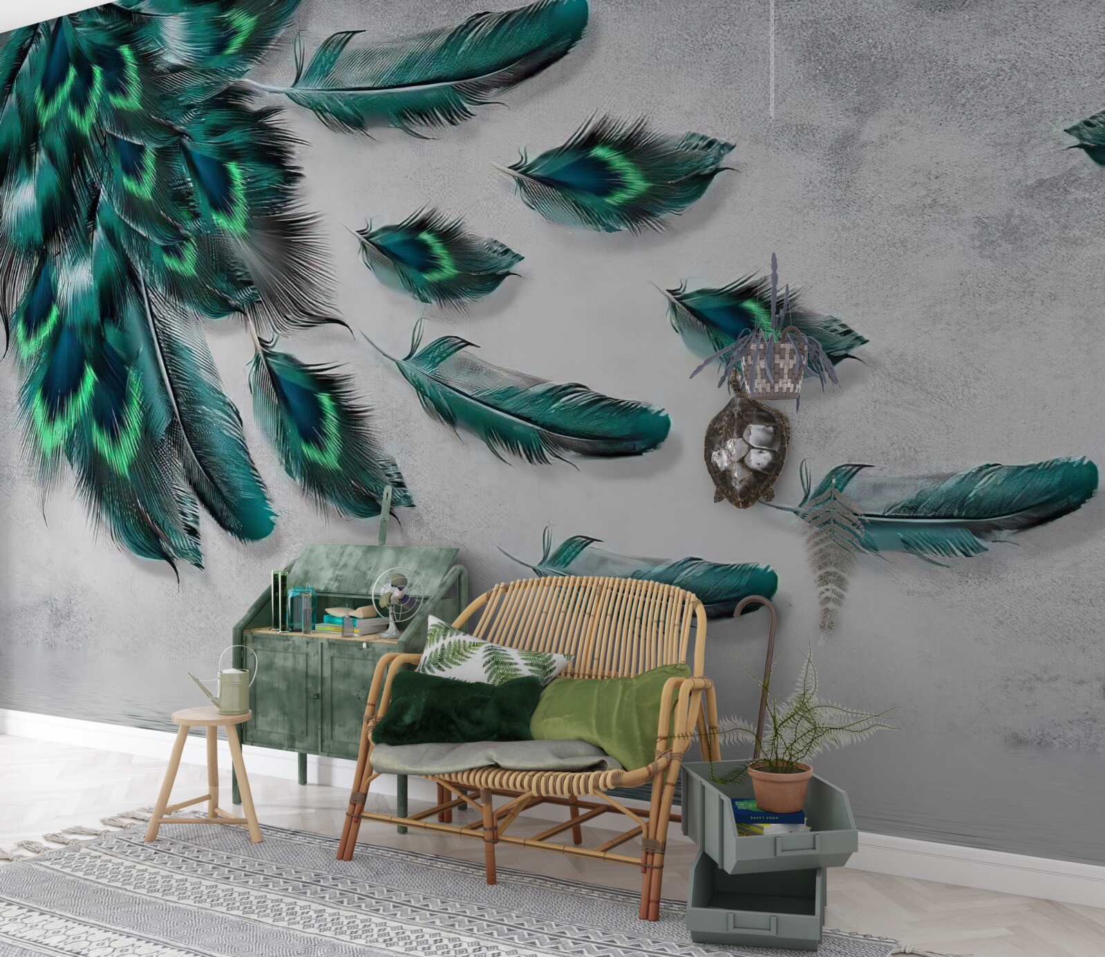 Fototapeta voda je pokrytá padajúcim smaragdovým pávím perím