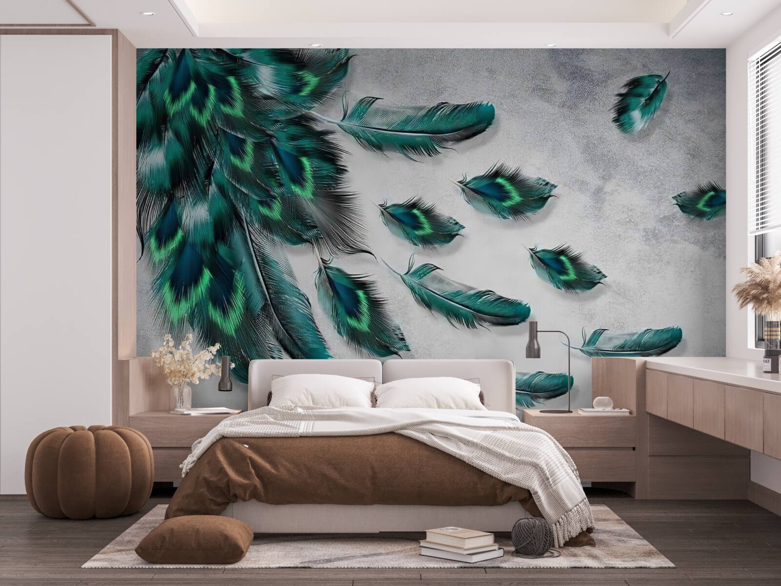 Fototapeta voda je pokrytá padajúcim smaragdovým pávím perím