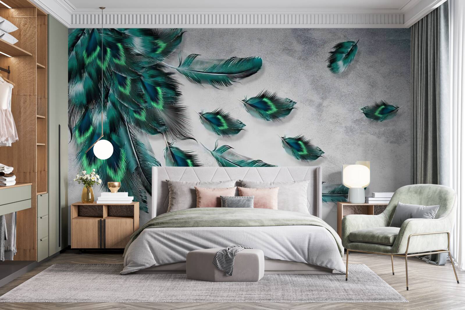 Fototapeta voda je pokrytá padajúcim smaragdovým pávím perím