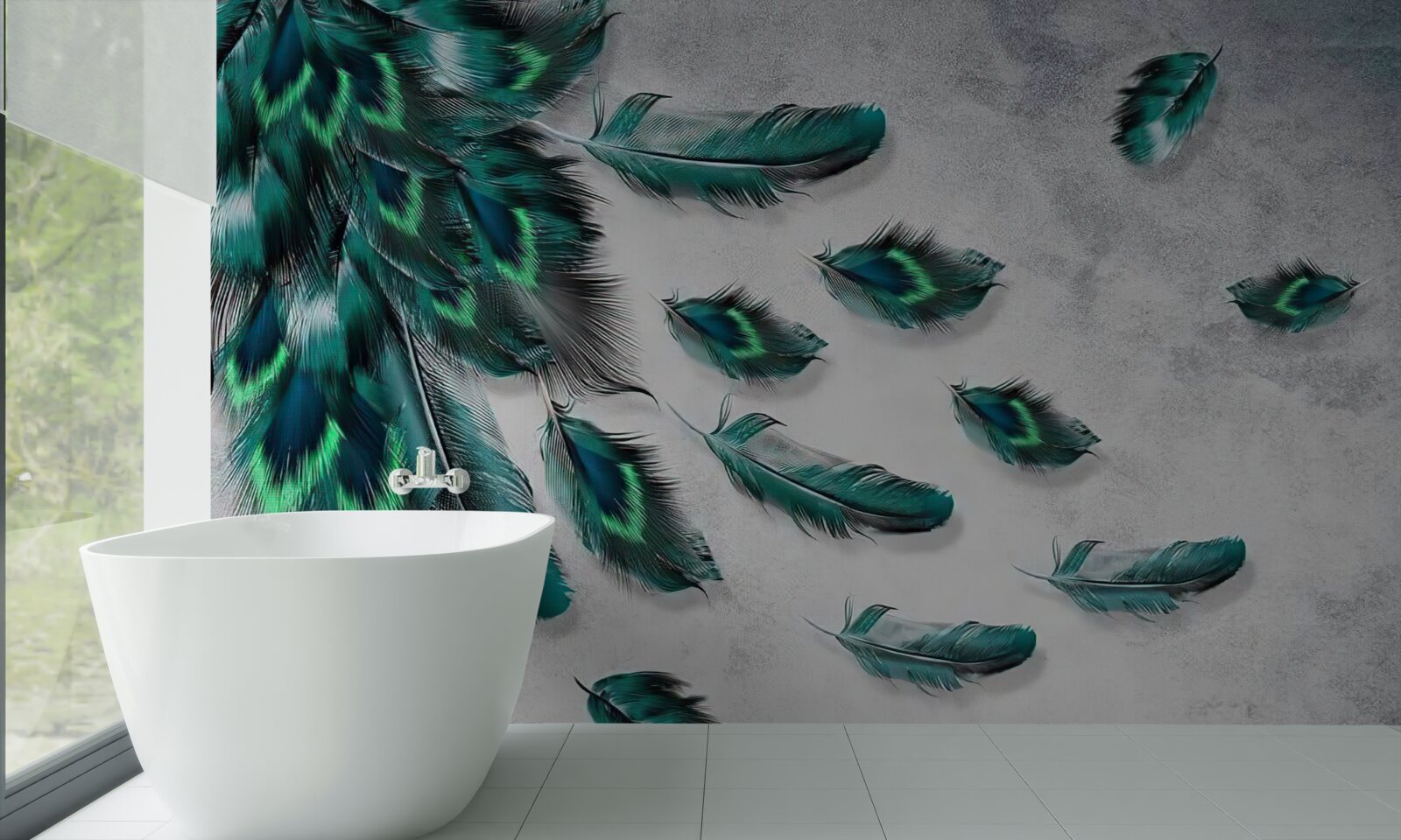 Fototapeta voda je pokrytá padajúcim smaragdovým pávím perím