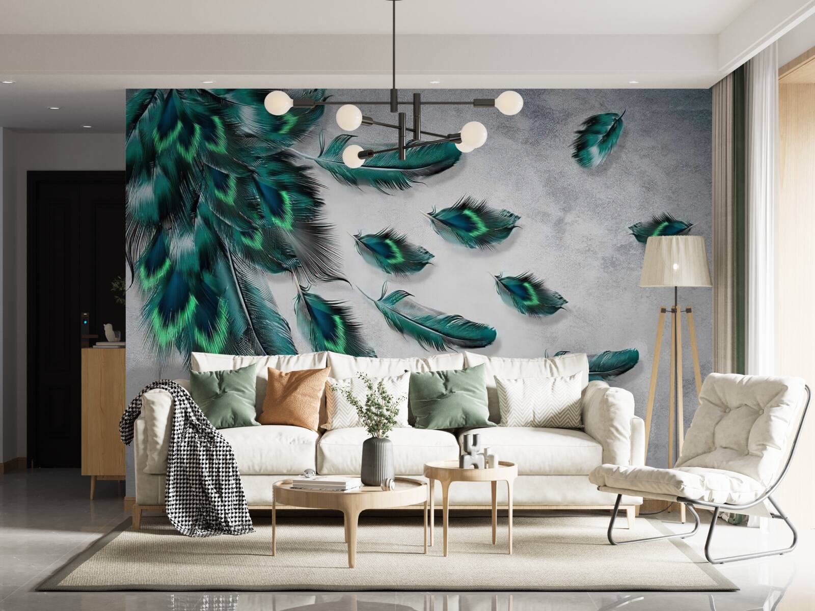 Fototapeta voda je pokrytá padajúcim smaragdovým pávím perím