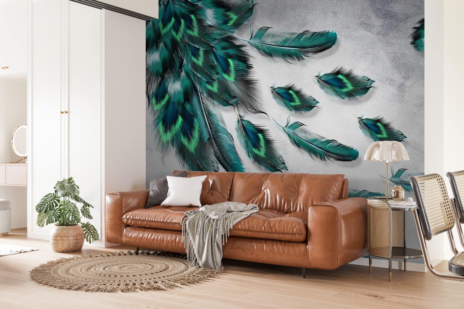 Fototapeta voda je pokrytá padajúcim smaragdovým pávím perím