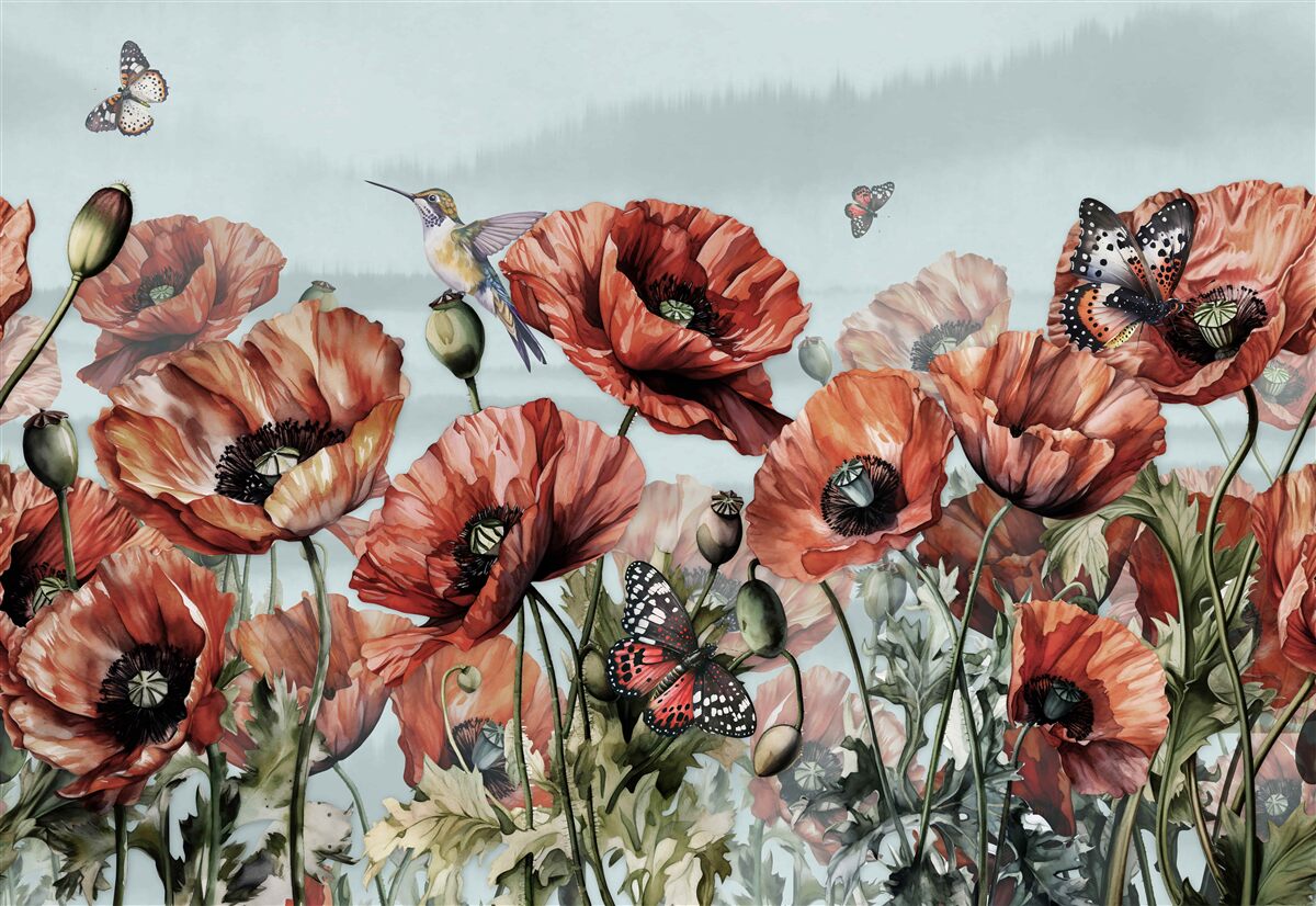 Fototapeta motýle letiace nad poľom šarlátových makov