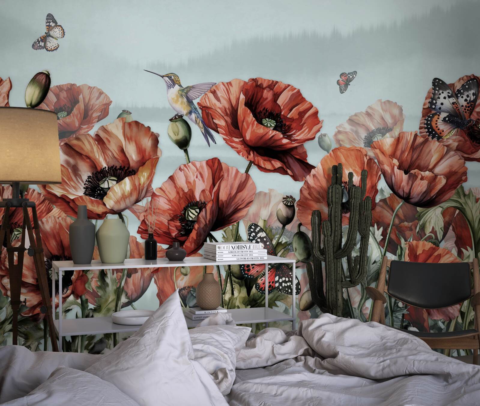 Fototapeta motýle letiace nad poľom šarlátových makov