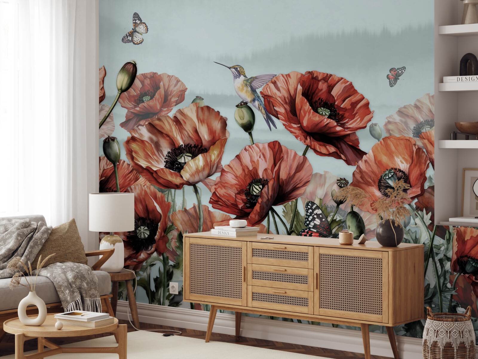 Fototapeta motýle letiace nad poľom šarlátových makov