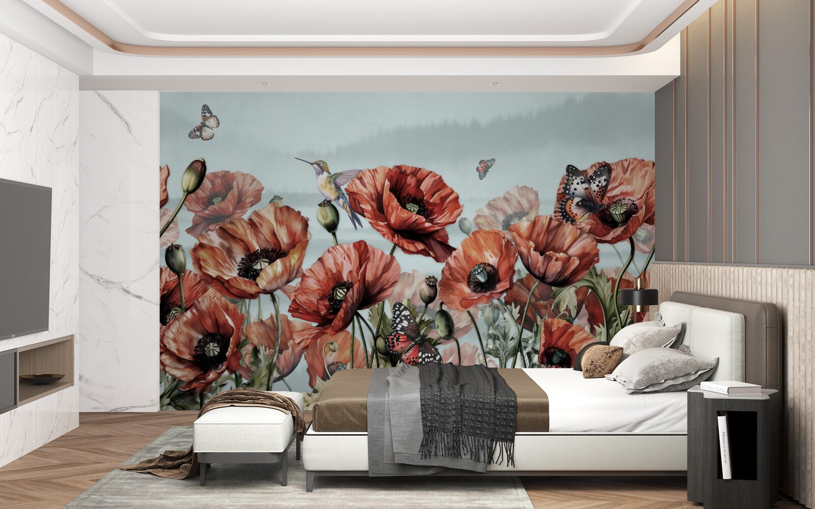 Fototapeta motýle letiace nad poľom šarlátových makov