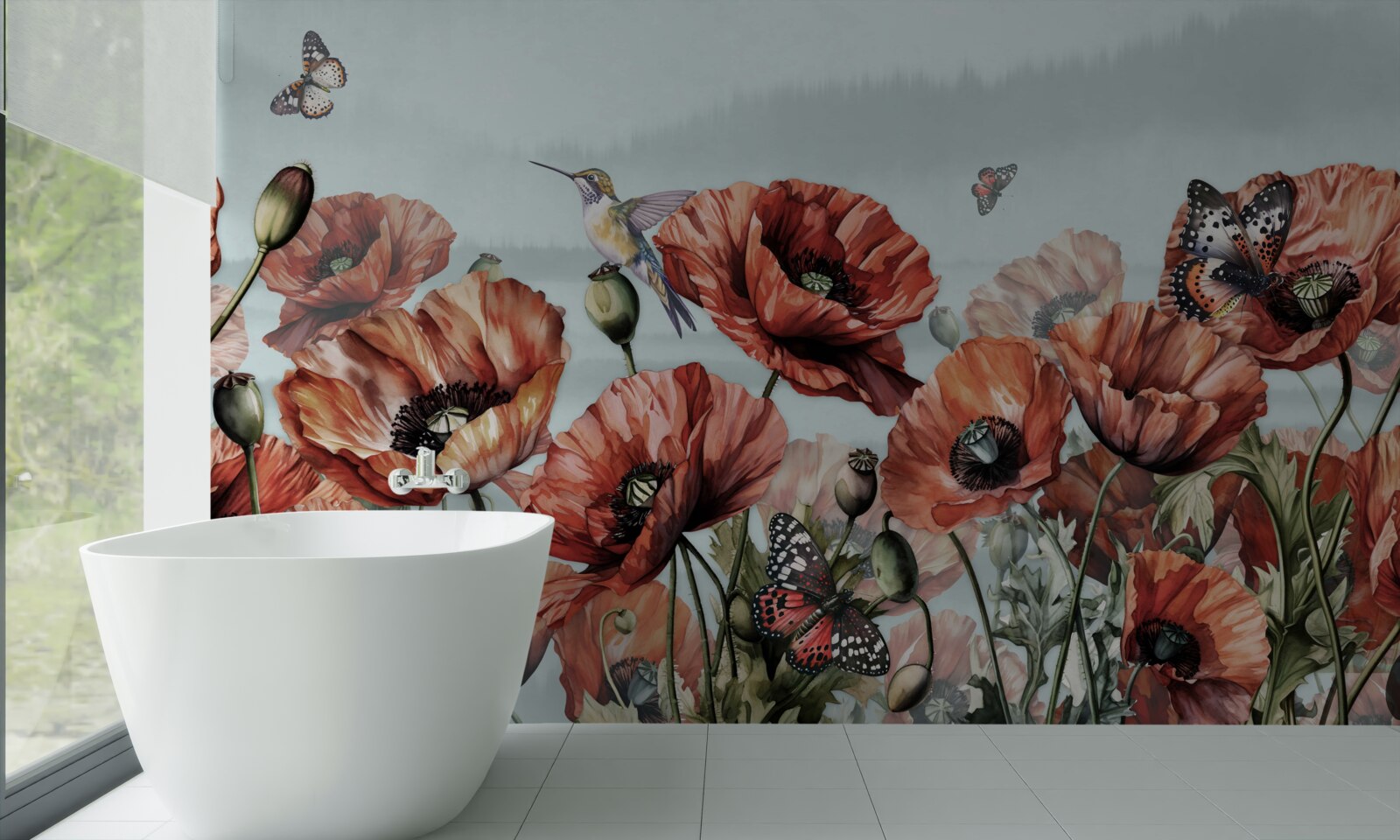 Fototapeta motýle letiace nad poľom šarlátových makov