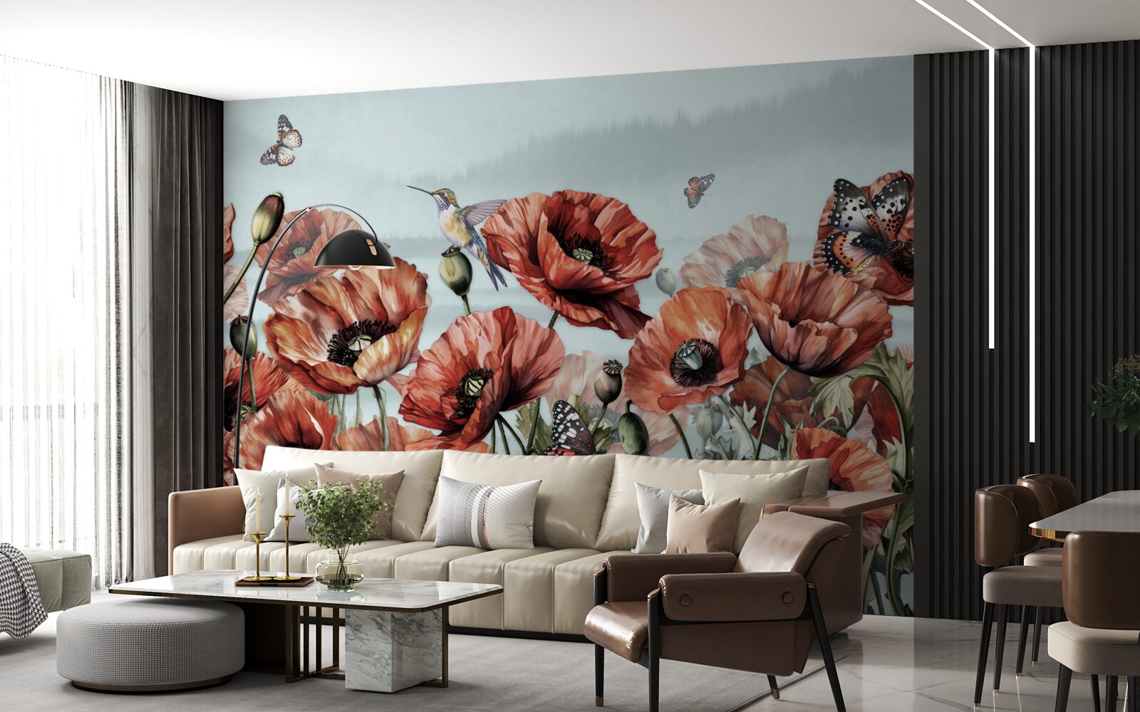 Fototapeta motýle letiace nad poľom šarlátových makov