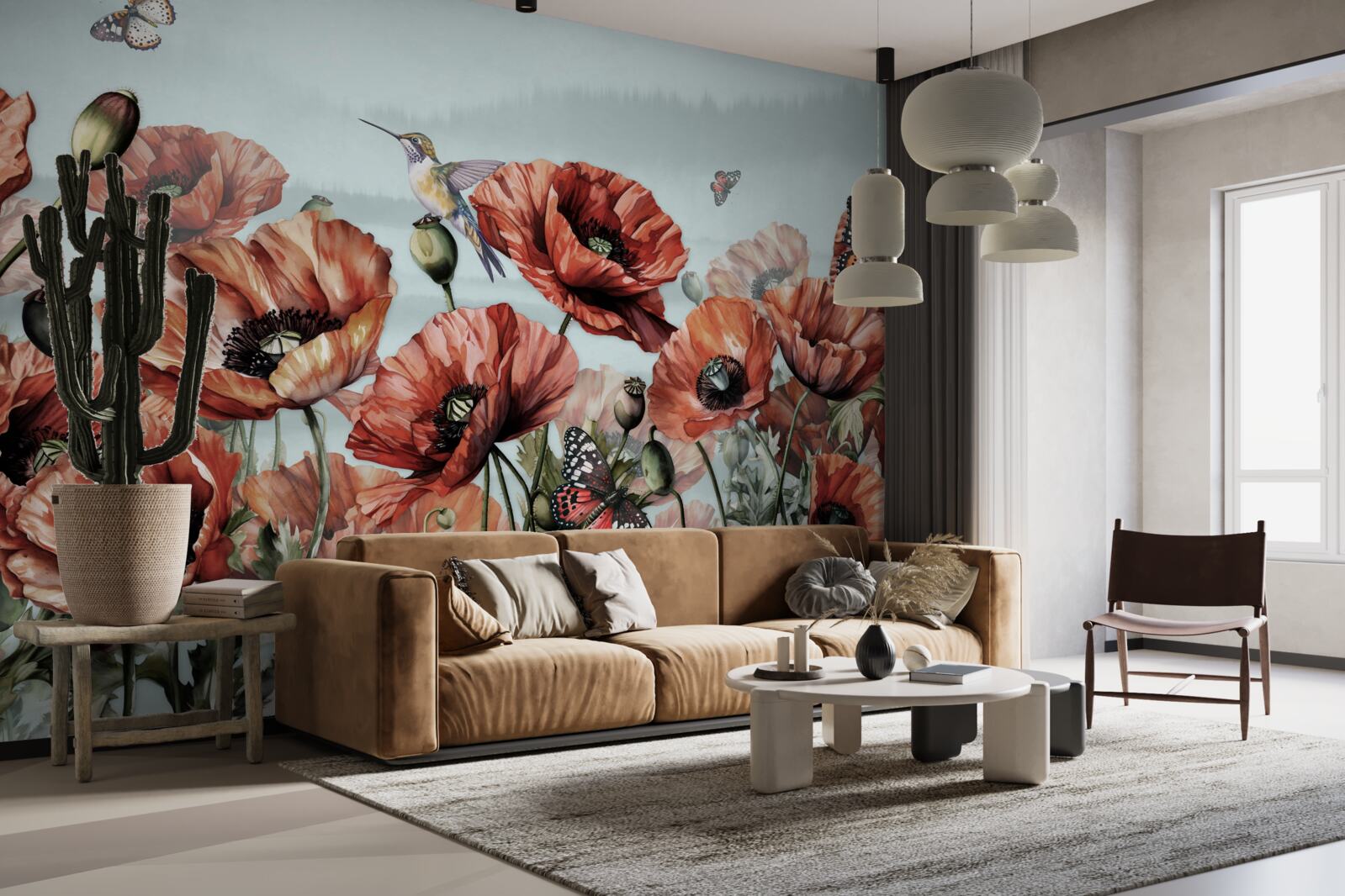 Fototapeta motýle letiace nad poľom šarlátových makov