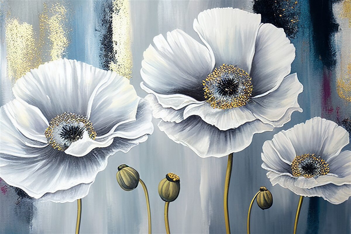 Fototapeta lesklé biele hlávky rozkvitnutých makovíc