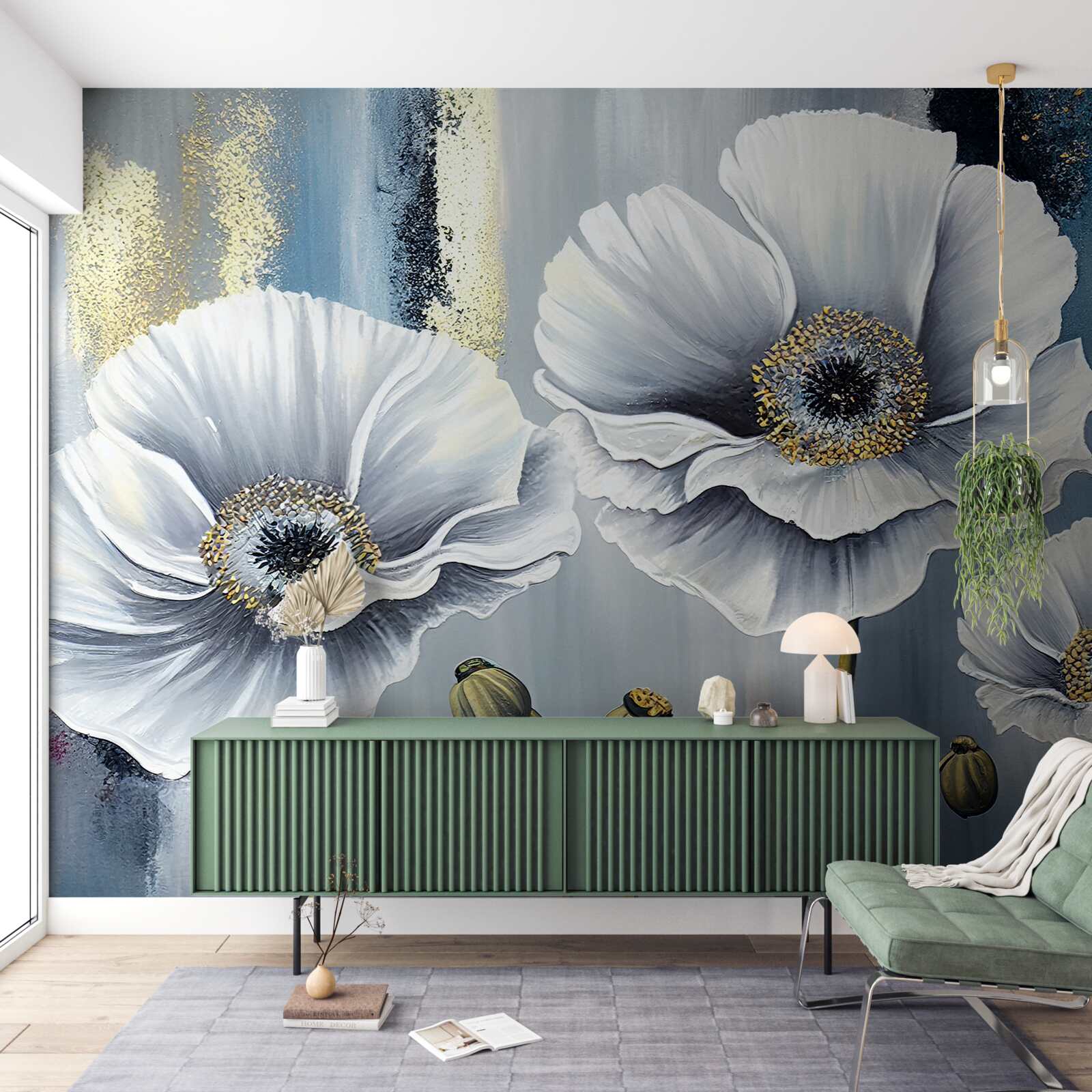 Fototapeta lesklé biele hlávky rozkvitnutých makovíc