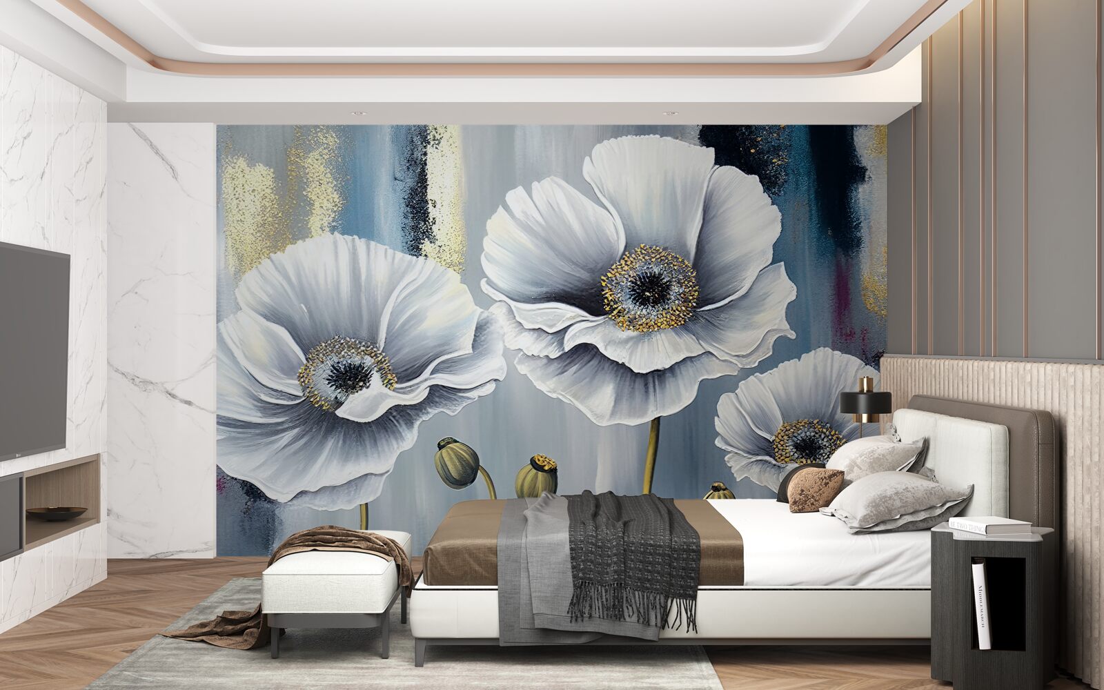 Fototapeta lesklé biele hlávky rozkvitnutých makovíc