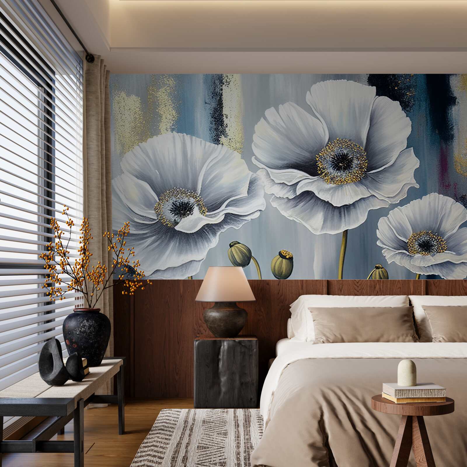 Fototapeta lesklé biele hlávky rozkvitnutých makovíc