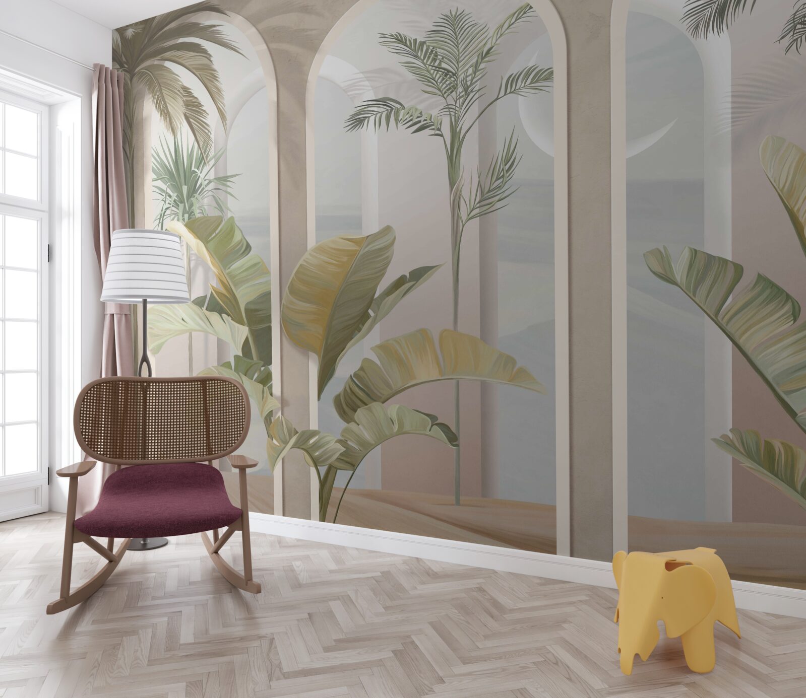 Fototapeta palmy a paprade pod vysokými oblúkmi