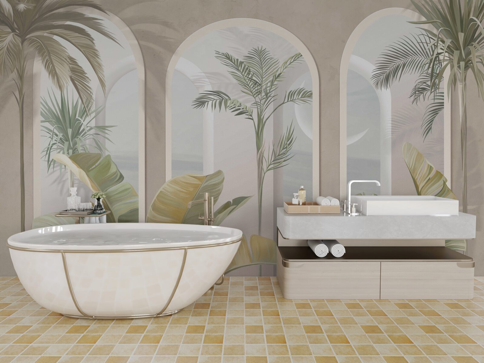 Fototapeta palmy a paprade pod vysokými oblúkmi