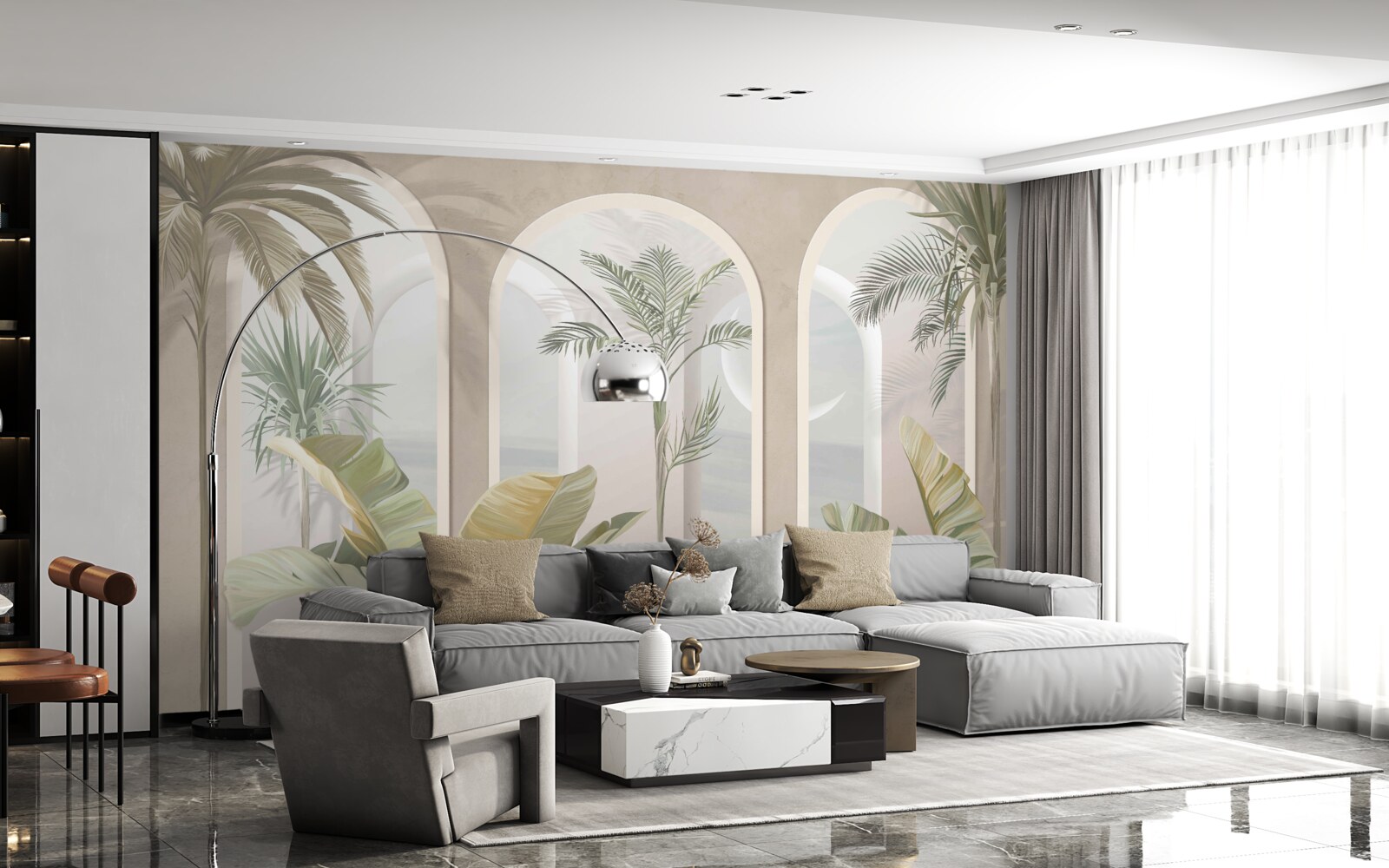 Fototapeta palmy a paprade pod vysokými oblúkmi