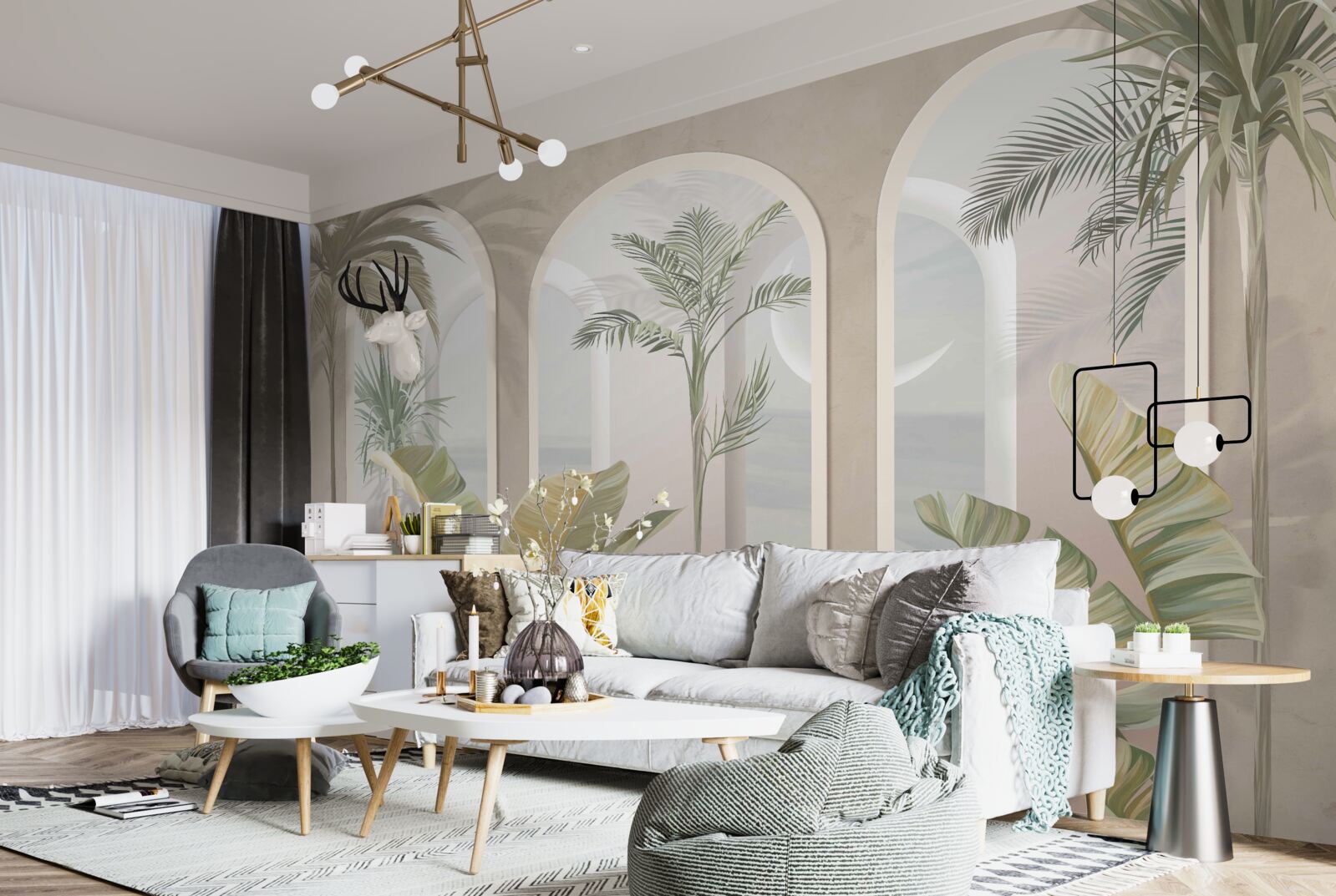 Fototapeta palmy a paprade pod vysokými oblúkmi