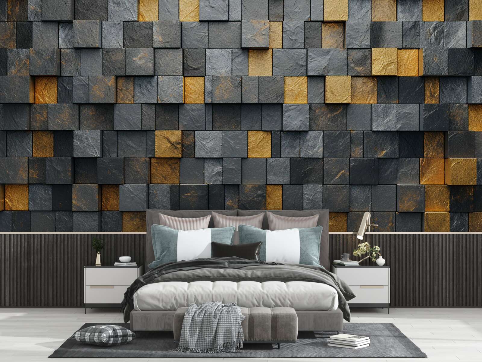 Fototapeta štvorce sivých a tmavých odtieňov sa miešajú so zlatom